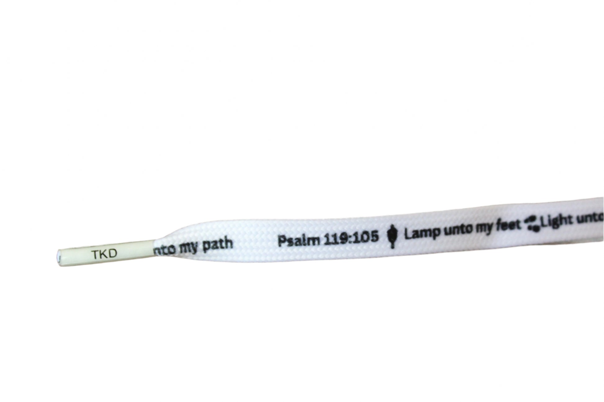 White 45-inch shoelaces with black Psalm 119:105 scripture print – TKD Believes design