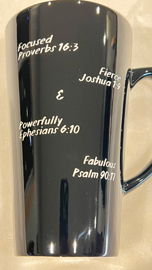 Grande white ceramic mug with Focused Fierce and Powerfully Fabulous design by TKD Believes