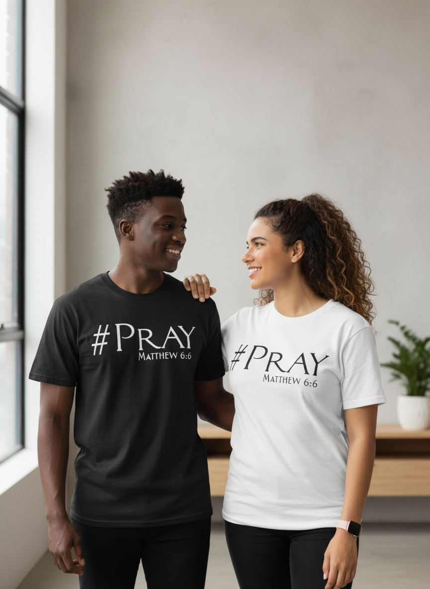 Male and female models wearing #Pray t-shirts